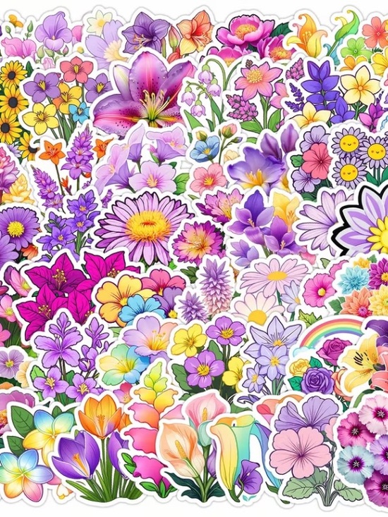 Other - Purple Themed Flower Shaped Stickers, 50 Pieces